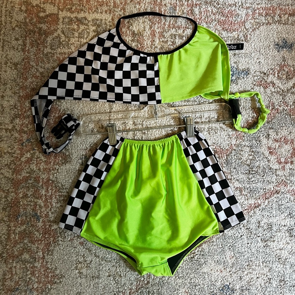 Dolls Kill/Go Guy Rave Set in Neon Green & Checkers - Picture 4 of 7
